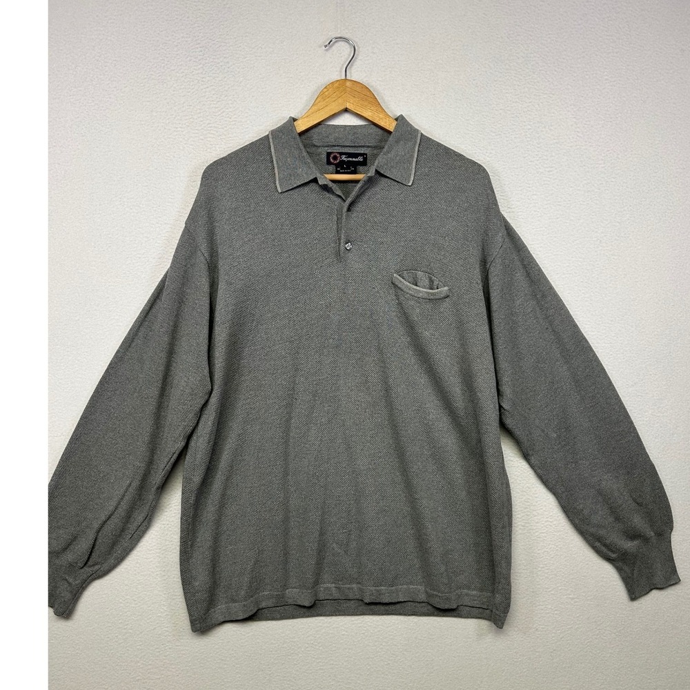 Quiet Luxury Faconnable Mens Large Gray Cashmere Blend Long Sleeve Polo Sweater